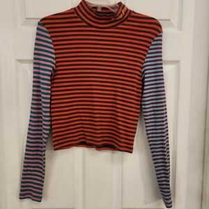 Teddy Fresh Women's Mock Neck Mismatched Striped Long Sleeve.